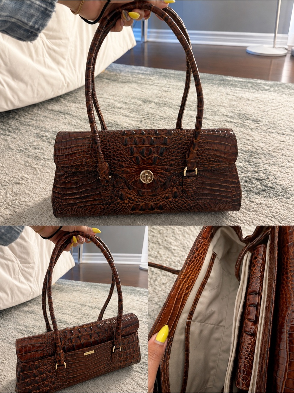 Brahma Brown Croc-Embossed Shoulder Bag with Turn-Lock